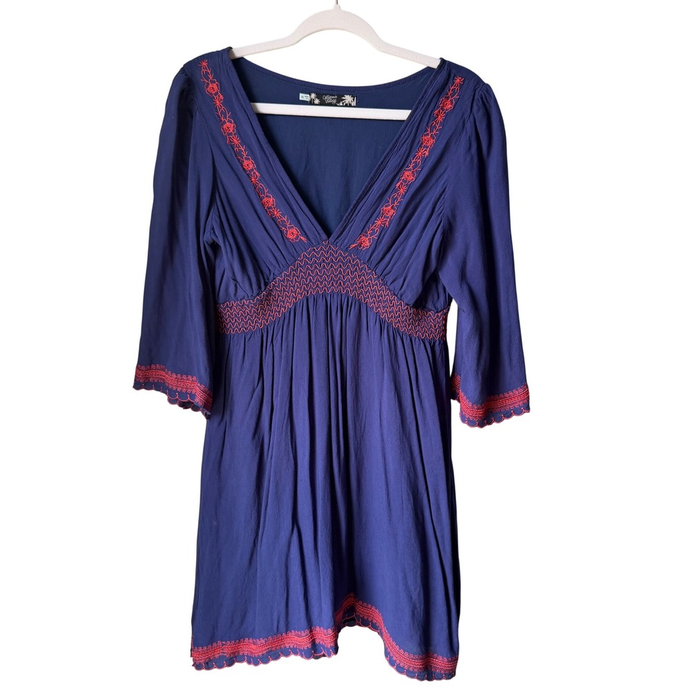 California Vintage Bluish Purple Embroidered Babydoll Dress Smocked Waist SZ XL